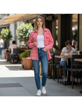 Zara Snap Shacket Raw Hem Cabincore Red Pink Oversized Shirt Women's Small